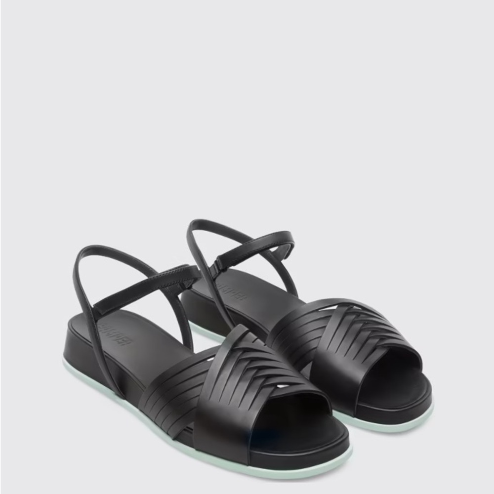Camper Black Leather Strappy Flat Sandals with Mint Sole - Picture 2 of 11